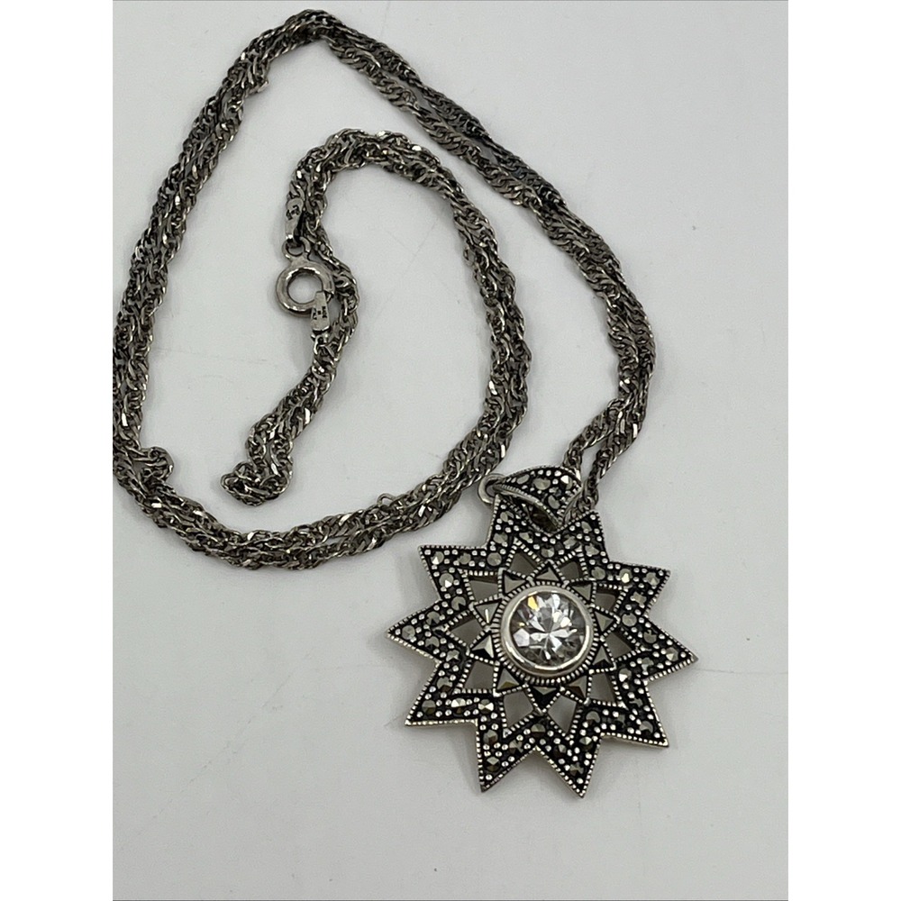 Sterling Silver Marcasite Star Pendant 24" Twisted Chain‎ Necklace 925A